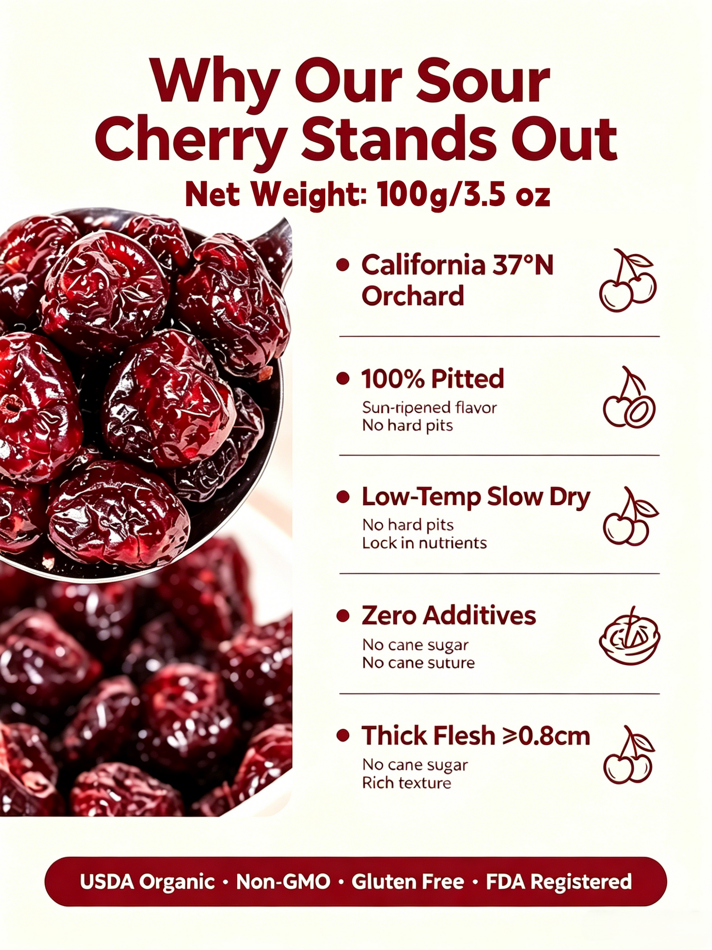 🍒Dried Sour Cherry Snacks, Natural Pitted Fruit Treats-YAO