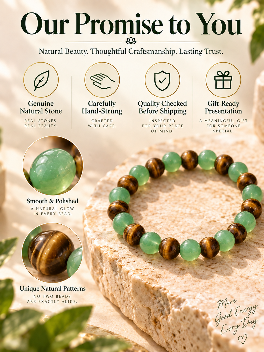 Green Aventurine & Tiger’s Eye Natural Gemstone Bracelet | Healing Crystal Beaded Bracelet for Balance & Confidence-TTR