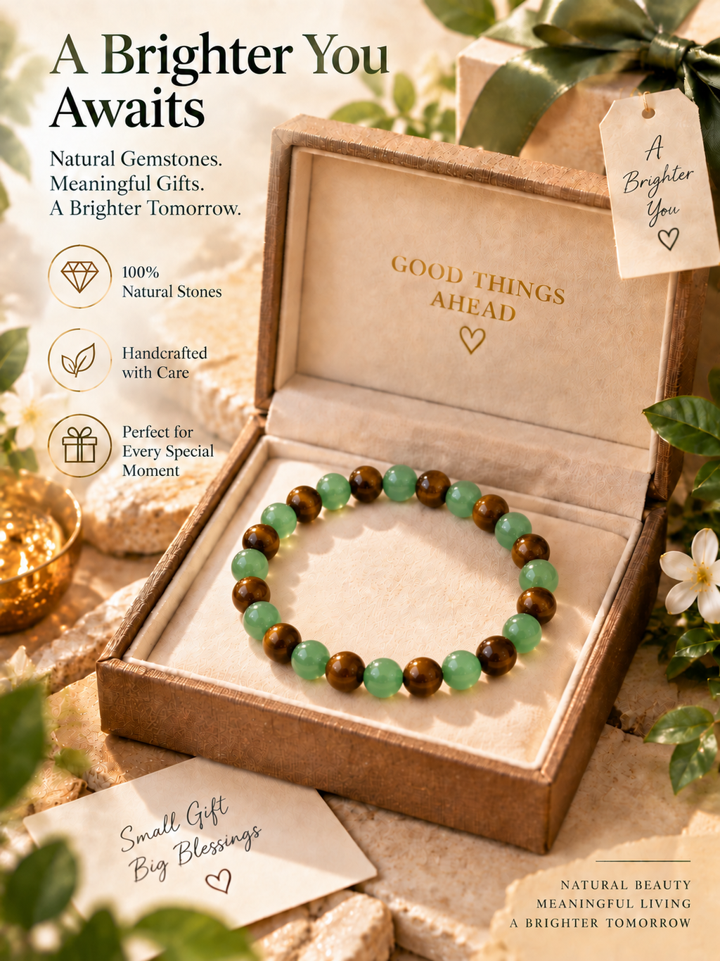 Green Aventurine & Tiger’s Eye Natural Gemstone Bracelet | Healing Crystal Beaded Bracelet for Balance & Confidence-TTR
