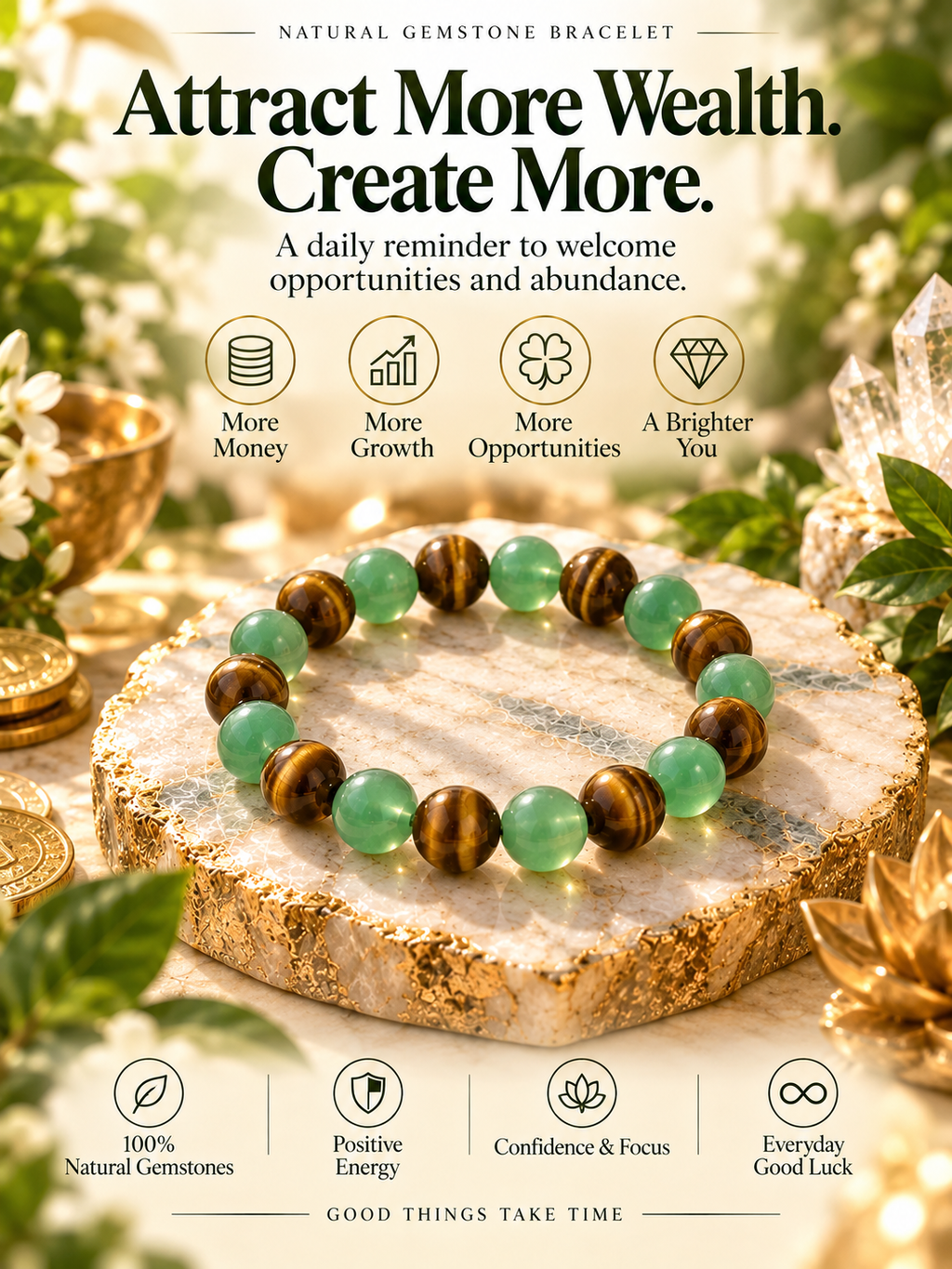 Green Aventurine & Tiger’s Eye Natural Gemstone Bracelet | Healing Crystal Beaded Bracelet for Balance & Confidence-TTR