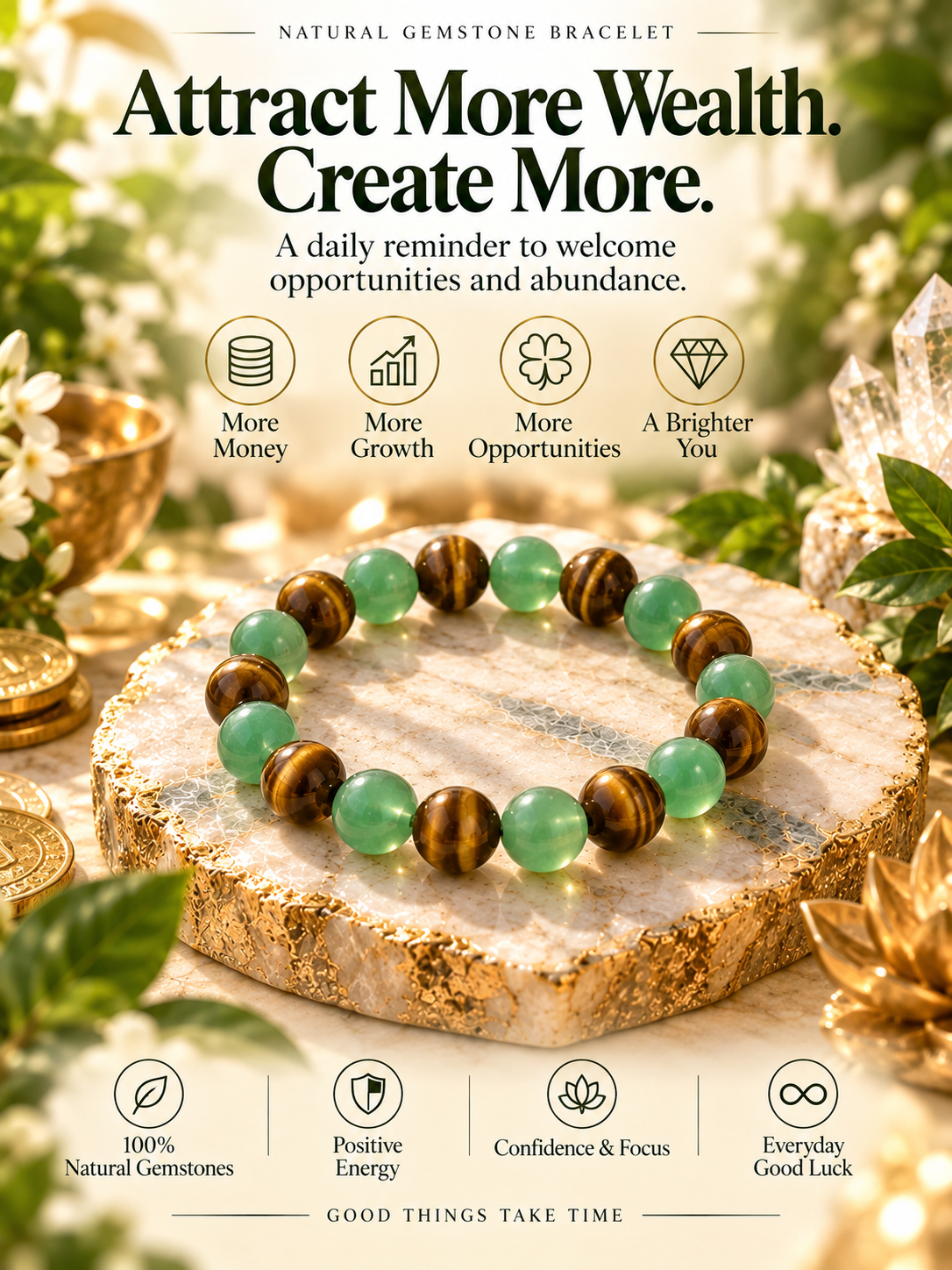 Green Aventurine & Tiger’s Eye Natural Gemstone Bracelet | Healing Crystal Beaded Bracelet for Balance & Confidence-TTR