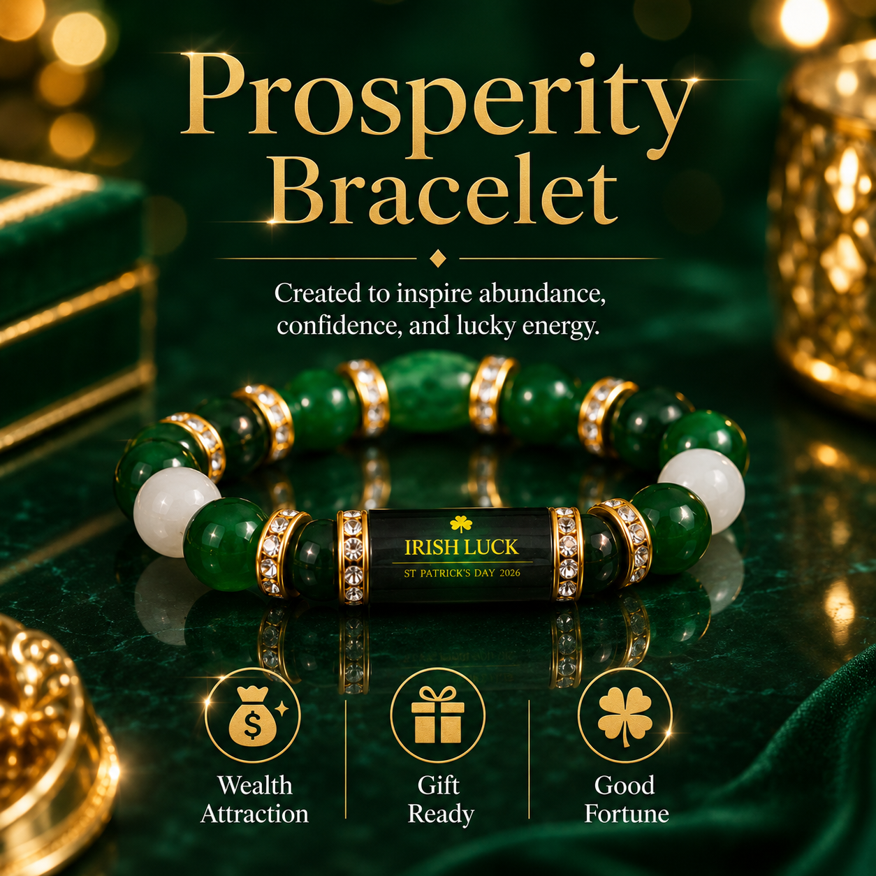 Green Agate Lucky Clover Bracelet & Wealth & Good Fortune Charm Gift-YAO