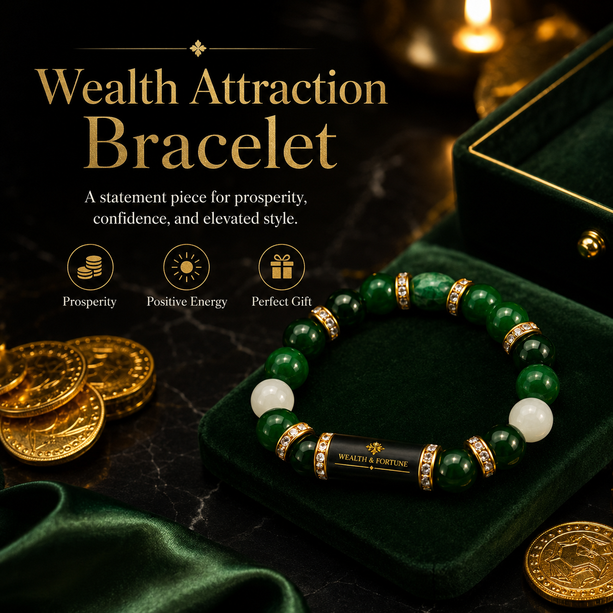 Green Agate Lucky Clover Bracelet & Wealth & Good Fortune Charm Gift-YAO