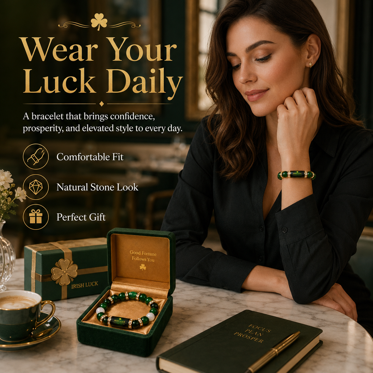 Green Agate Lucky Clover Bracelet & Wealth & Good Fortune Charm Gift-YAO