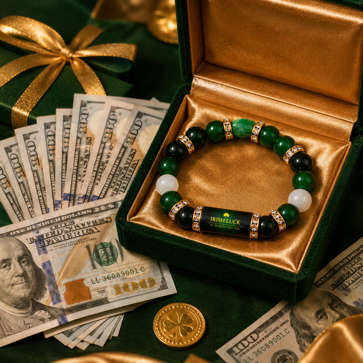 Green Agate Lucky Clover Bracelet & Wealth & Good Fortune Charm Gift-YAO
