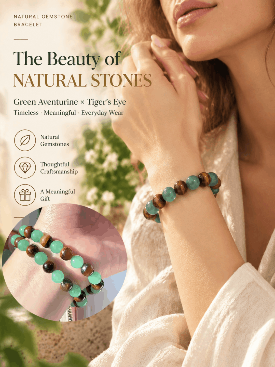 Green Aventurine & Tiger’s Eye Natural Gemstone Bracelet | Healing Crystal Beaded Bracelet for Balance & Confidence-TTR